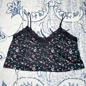 Satin and lace black floral cropped cami